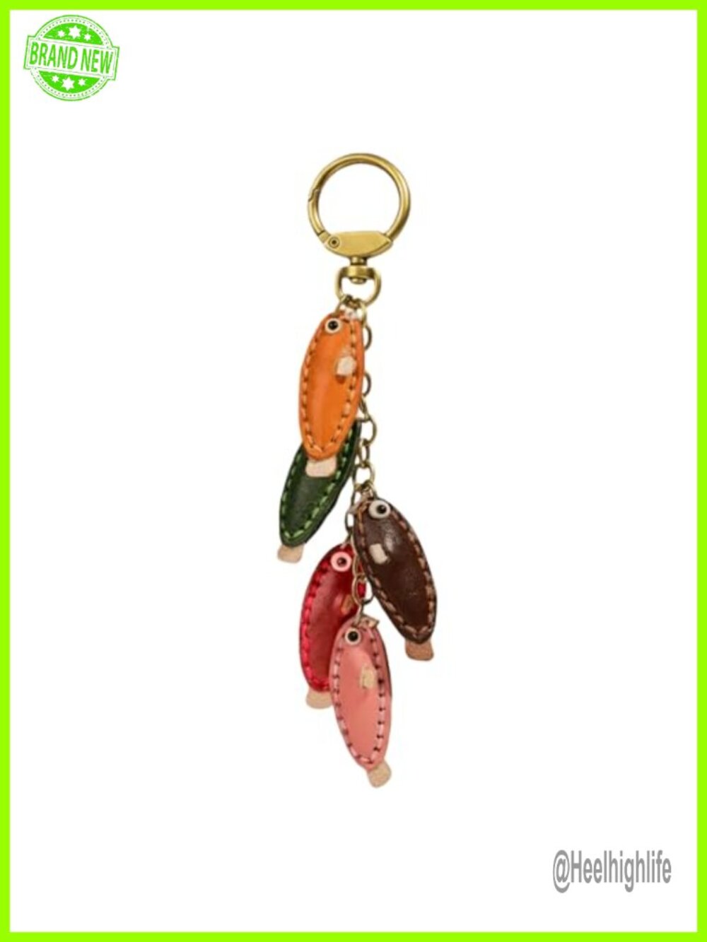 Fish Leather Keychain Handstitched Brass Bag Charm Purse Pendant